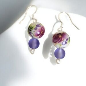 Vintage Inspired Peony Floral Ceramic Purple Frosted Glass Earrings